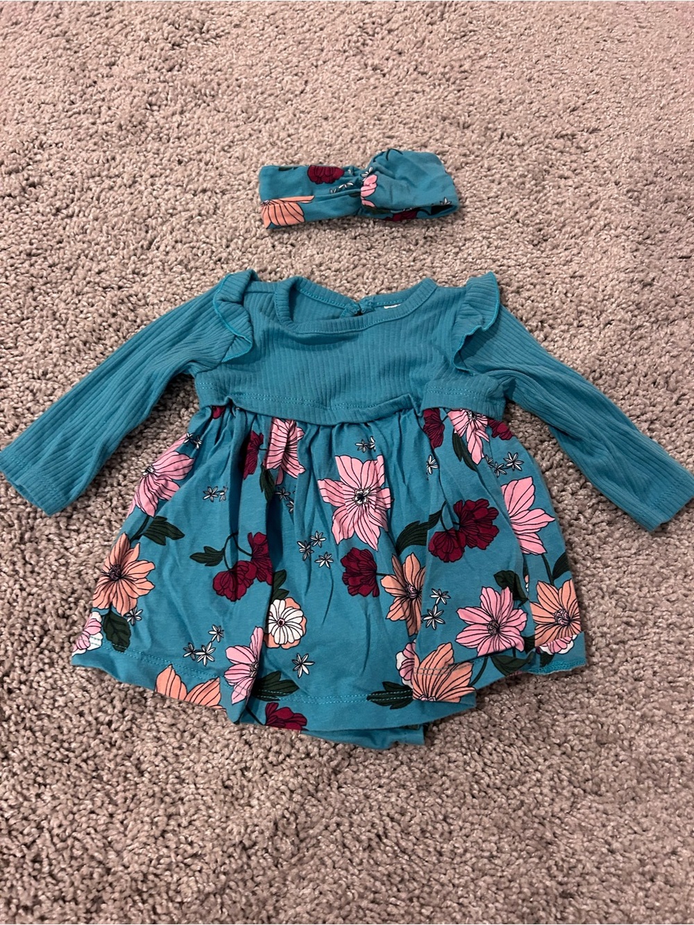 Carter's Teal Floral Long Sleeve Dress with Headband